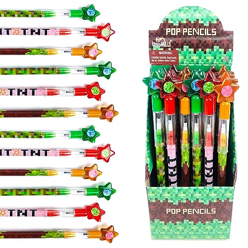 TINYMILLS 24 Pcs Pixel Miner Themed Multi Point Pencils Party Favor Mine Pixel Craft Back to School Pencils Classroom Rewards Prizes Goody Bag Treat Bag Stuffers