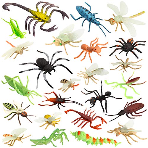 PINOWU Insect Bug Toy Figures for Kids Boys Girls (24pcs), 2-4” Fake Bugs - Spiders, Cockroaches, Scorpions, Crickets, Lady Bugs, Mantis and Worms for Education and Christmas Party Favors