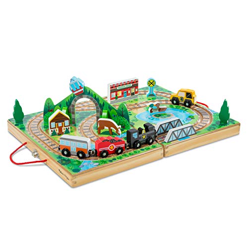 Melissa & Doug 17-Piece Wooden Take-Along Tabletop Railroad, 3 Trains, Truck, Play Pieces, Bridge Wooden Train Sets For Kids Ages 3+ - FSC-Certified Materials