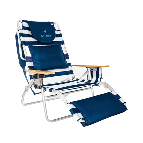 Ostrich Deluxe 3N1 Lightweight Lawn Beach Reclining Lounge Chair with Footrest, Outdoor Furniture for Patio, Balcony, Backyard, or Porch, Blue Stripe