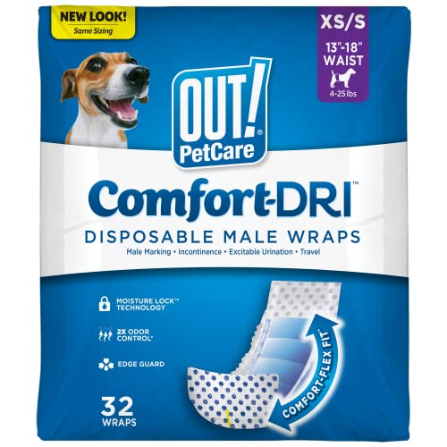 OUT! Pet Care Disposable Male Dog Wraps - Absorbent Male Wraps with Leak Proof Fit - XS_Small (Waist 13-18in) - 32 Count