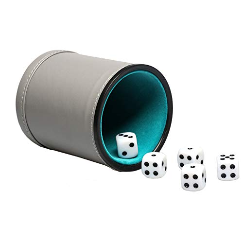 Leatherette Dice Cup Set Felt Lined with 16mm Dot Dices Shaker for Yahtzee Bar Party Dice Games - Grey