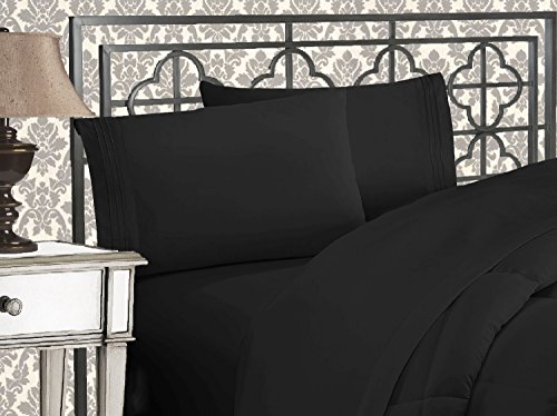 Elegant Comfort Luxurious 1500 Premium Hotel Quality Microfiber Three Line Embroidered Softest 4-Piece Bed Sheet Set, Wrinkle and Fade Resistant, Full, Black