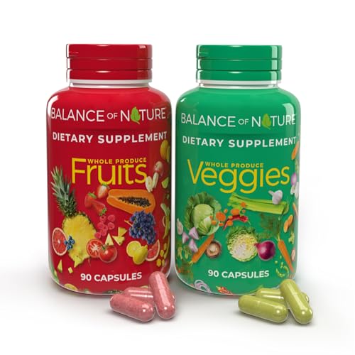 Balance of Nature Fruits and Veggies - Whole Food Supplement with Superfood Fruits and Vegetables for Women, Men, and Kids - 90 Fruit Capsules, 90 Veggie Capsules - 1 Set