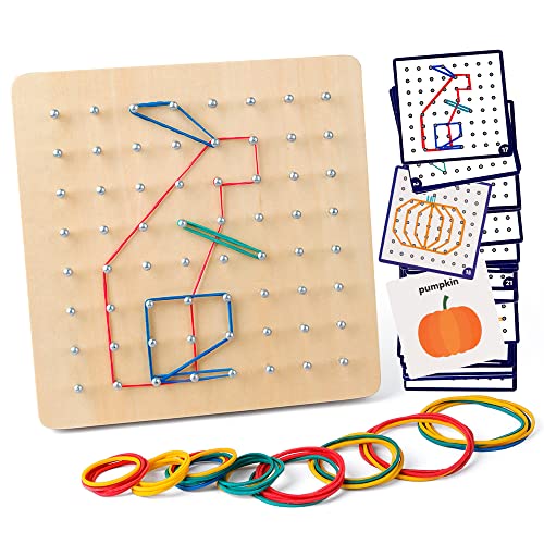 Coogam Wooden Geoboard Mathematical Manipulative Material Array Block Geo Board – Graphical Educational Toys with 30Pcs Pattern Cards and Latex Bands Shape STEM Puzzle Matrix 8x8 Brain Teaser for Kid