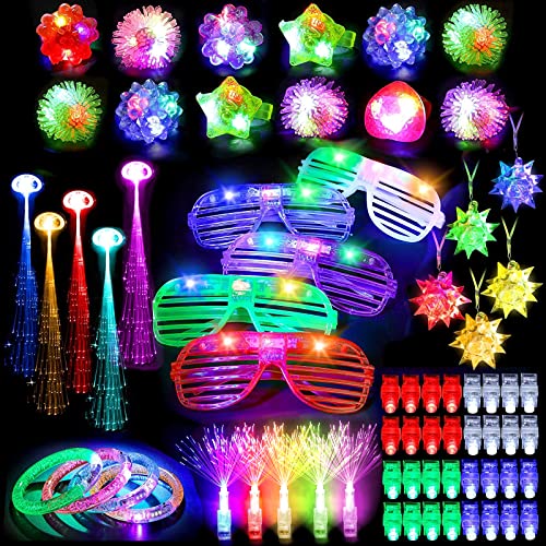 MIBOTE 83Pcs Led Light Up Toys Party Favors Glow in the Dark Party Supplies for Kid_Adults Halloween with 50 Finger Lights, 8 Jelly Rings, 5 Flashing Glasses, 5 Bracelets, 5 Fiber Optic Hair Lights