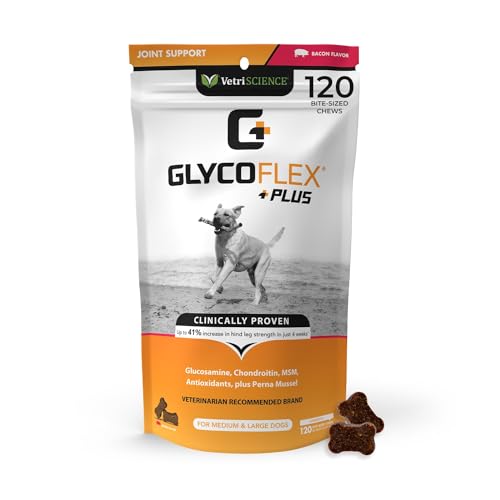 VetriScience GlycoFlex Plus Hip and Joint Supplement for Dogs – Extra-Strength Joint Support Chews with Green Lipped Mussel, Chondroitin, and Glucosamine for Dogs