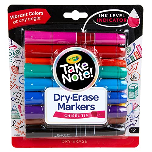 Crayola Take Note Dry Erase Markers (12ct) Whiteboard Markers for Teachers, Low Odor, Chisel Tip, School Classroom Supplies