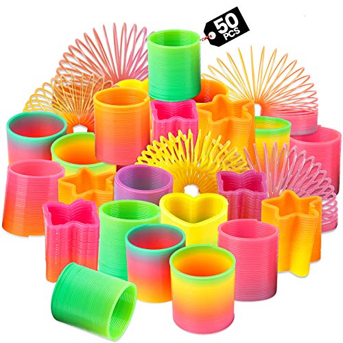 Bedwina Rainbow Spring Toy Assortment - (Pack of 50) Mini Plastic Coil Spring Toy | Bright Colors and Shapes, Goody Bag Filler, Party Prizes and Stocking Stuffers for Kids