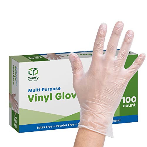 Comfy Package [100 Count] Clear Powder Free Vinyl Disposable Plastic Gloves - X-large