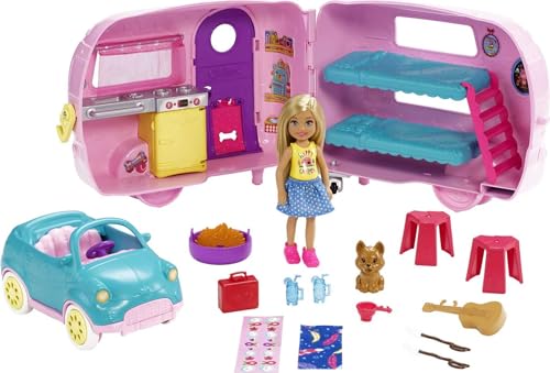 Barbie Club Chelsea Toy Car & Camper Playset, Blonde Chelsea Small Doll, Puppy & 10+ Accessories, Unhitch & Open for Campsite