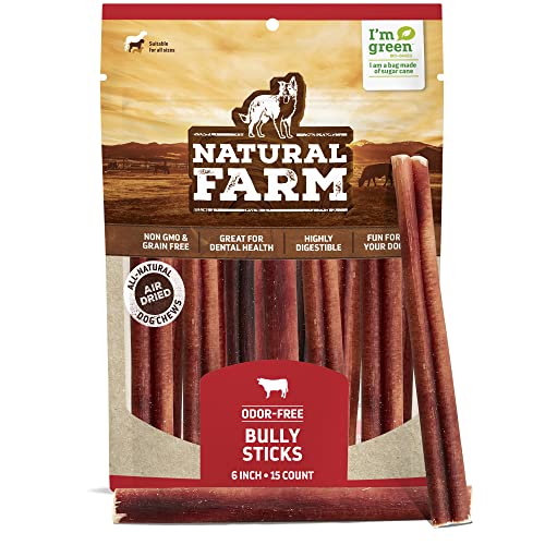 Natural Farm Odor-Free Bully Sticks (6 Inch, 15 Count), Single Ingredient: 100zz Beef Chews, Grass-Fed, Non-GMO, Grain-Free, Fully Digestible Treats for Puppies, Small or Senior Dog