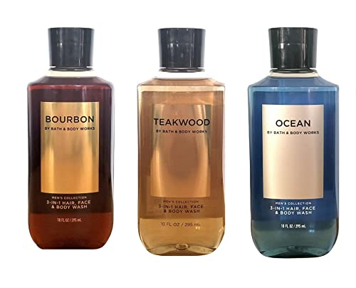 Bath and Body Works 3 Pack 2-in-1 Hair + Body Wash Teakwood, Ocean and Bourbon. 10 Oz.