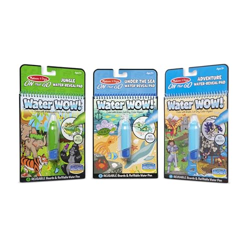 Melissa & Doug On The Go Water Wow! Reusable Color with Water Activity Pad 3-Pack, Jungle, Under The Sea, Adventure, Chunky-Size Water Pens