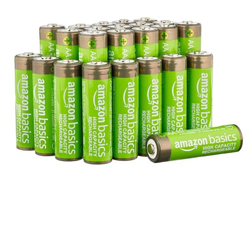 Amazon Basics 24-Pack Rechargeable AA NiMH High-Capacity Batteries, 2400 mAh, Recharge up to 400x Times, Pre-Charged