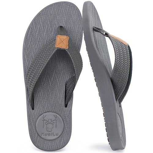 KuaiLu Mens Flip Flops Arch Support Comfortable Waterproof Open Toe Summer Beach Leather Thong Sandals Cushion Slip on Slippers Grey Size 11