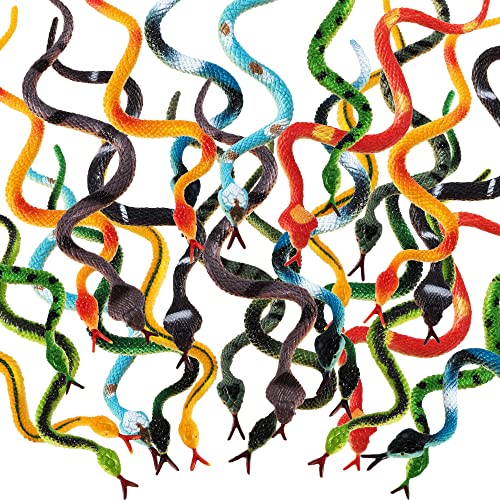 Blulu 24 Pieces Plastic Snakes Realistic Rubber Snakes Halloween Snake Toys 4 Inch Assorted Colorful Mini Fake Snake Toys for Garden Prank Prop Scare Birds Halloween Party Favors