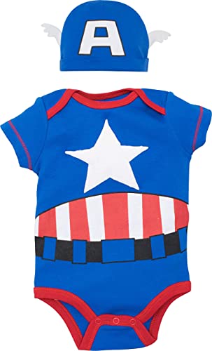 Marvel Avengers Captain America Newborn Baby Boys Cosplay Short Sleeve Bodysuit and Hat 0-3 Months