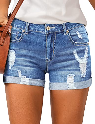 LookbookStore Women Casual Summer Jean Shorts for Women High Waisted Rolled Hem Cuffed Hem Womens Jorts Distressed Jeans Ripped Denim Shorts Blue Size L