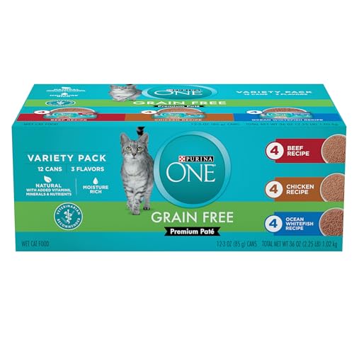 Purina ONE Grain Free, Natural Pate Wet Cat Food Variety Pack, Beef, Chicken and Ocean Whitefish Recipes - (2 Packs of 12) 3 oz. Pull-Top Cans