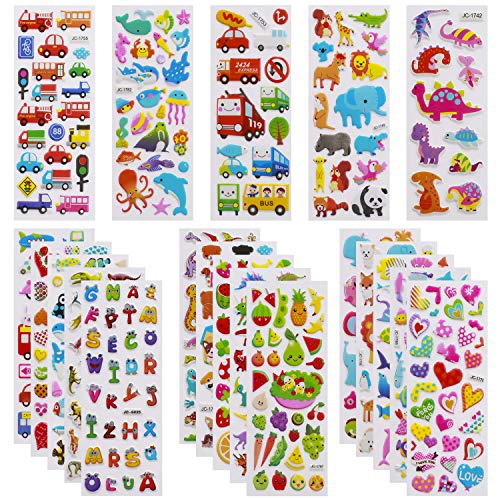 3D Stickers for Kids Toddlers 550+ Vivid Puffy Kids Stickers 24 Different Sheets, Colored 3D Stickers for Boys Girls Teachers, Reward, Craft Scrapbooking