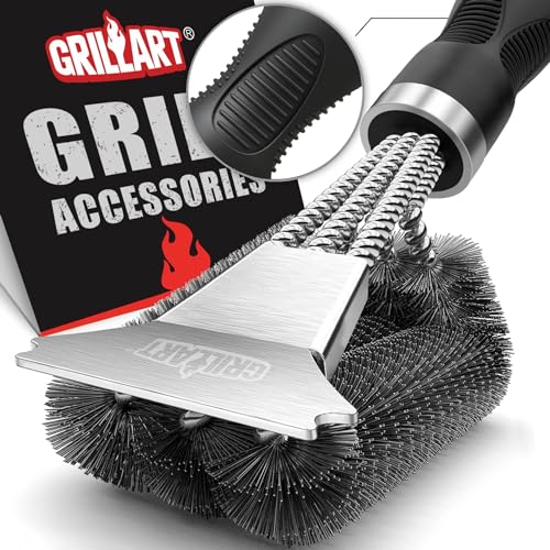 GRILLART Grill Brush and Scraper, Extra Strong BBQ Cleaner Accessories, Safe Wire Bristles 18" Barbecue Triple Scrubbers Cleaning Brush for Gas_Charcoal Grilling Grates, Wizard Tool BR-8115