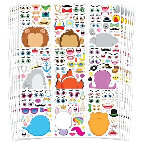 JOYIN 36 PCS 9.8”x6.7" Make-a-face Sticker Sheets Make Your Own Animal Mix and Match Sticker Sheets with Safaris, Sea and Fantasy Animals Kids Party Favor Supplies Craft