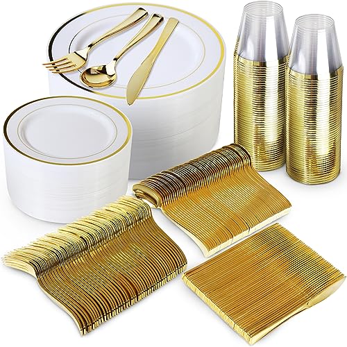 600 Piece Gold Dinnerware Set – 200 White and Gold Plates – Set of 300 Gold Plastic Silverware – 100 Plastic Cups – Disposable Gold Dinnerware Set for Party - 100 Guests