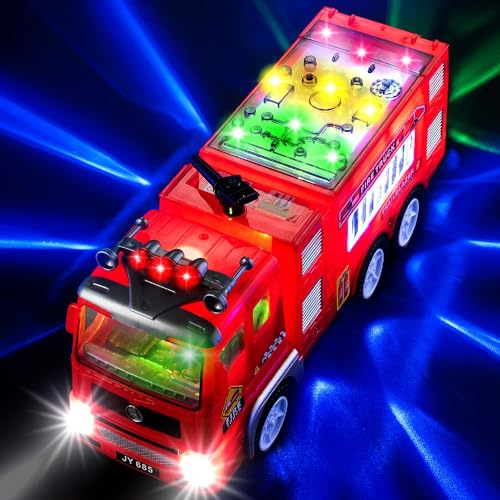 Zetz Brands Fire Truck Toy for Boys, Girls, Kids, w_ 4D LED Lights, Toddlers - Age 3+ Fire Engine Push Toy Car for Little Fireman Real Firetruck Siren Sound, Bump & Go – Ideal Gift