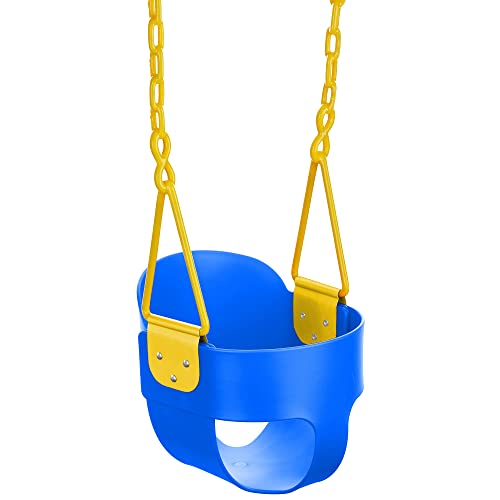 Deluxe High Back Full Bucket Toddler Swing with Exclusive Chain & Triangle Dip Pinch Protection and Carabiners for Easy Install - Blue - Squirrel Products