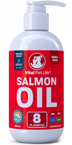 Salmon Oil for Dogs & Cats - Healthy Skin & Coat, Fish Oil, Omega 3 EPA DHA, Liquid Food Supplement for Pets, All Natural, Supports Joint & Bone Health, Natural Allergy & Inflammation Defense, 8 oz