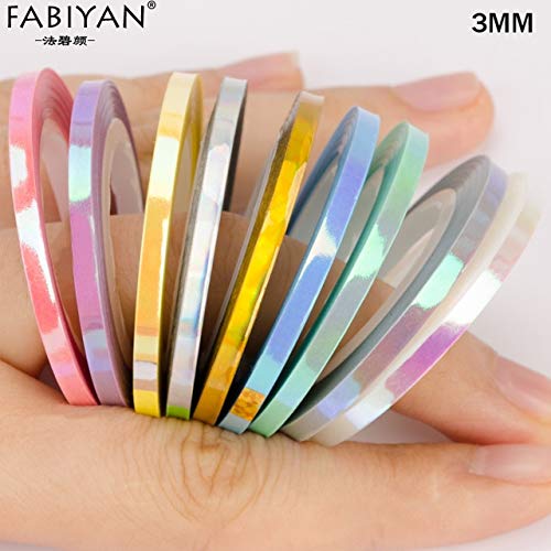 Kamas 9 Rolls Set Nail Art Striping Tape Line Aurora Laser Mermaid French UV Gel Polish Sticker Tips Decoration Decal DIY Tool 1_2_3mm - (Color: 3mm)