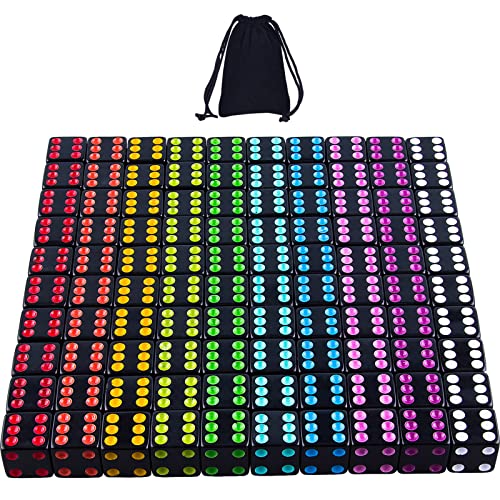 AUSTOR 100 Pieces Black Dice with Colorful Pips 6 Sided Square Corner Dices Come with a Free Storage Bag