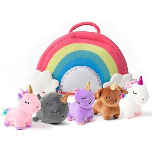 PixieCrush 5pc Unicorn-Themed Stuffed Animal Set with Rainbow Case - Includes Unicorns, Kitty, Puppy, Narwhal - Soft, Durable & Vibrantly Colored Toys, Unicorn Gifts for Girls