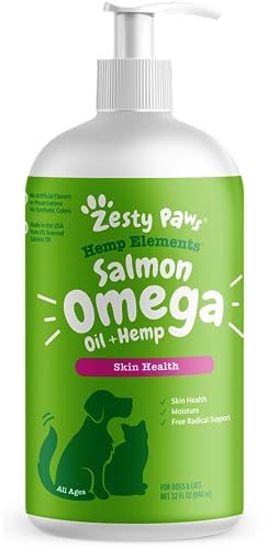 Zesty Paws Salmon Omega Oil Hemp for Dogs and Cats with Wild Alaskan Salmon Oil Omega 3 and 6 Fatty Acids with EPA DHA for Pets Supports Normal Skin Moisture and Immune System Function 32oz