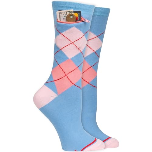 Pocket Socks Women Fashion Print Crew Socks, Hidden Zipper Security Pocket for Travel ID, Keys, Argyle Periwinkle