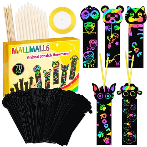 MALLMALL6 70Pcs Animal Scratch Bookmarks Scratch DIY Hang Tags Party Favors Theme Birthday Party Classroom School Supplies Decorations Crafts Kit for Kids