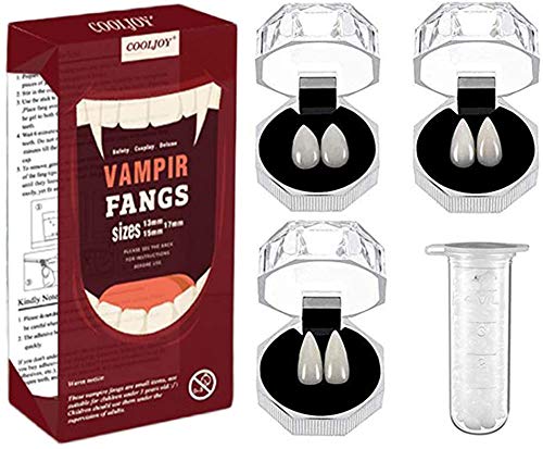 COOLJOY 3 Sizes Vampire Fangs Teeth with Adhesive Halloween Cosplay Props White Horror False Teeth Props Party Favors Masquerade Accessories Gift