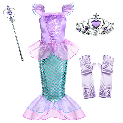 Little Girls Mermaid Princess Costume for Girls Dress Up Party with Gloves,Crown Mace 9-10 Years