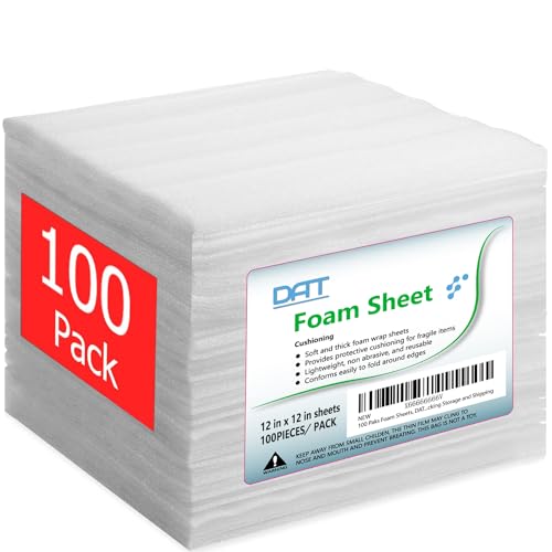 100 Pack Foam Sheets, DAT 12" x 12", 1_16" Thickness, Foam Wrap Cushioning Material, Moving Supplies for Packing Storage and Shipping