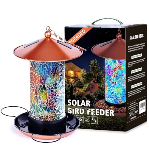 XDW-GIFTS Mosaic Solar Wild Bird Feeder, Waterproof Lantern Shape with S-Hook & 4 LED Lights, Garden Decor for Lawn, Patio, Balcony, Yard Ornament - Unique Gifts for Mom, Women, Grandma, Bird Lovers