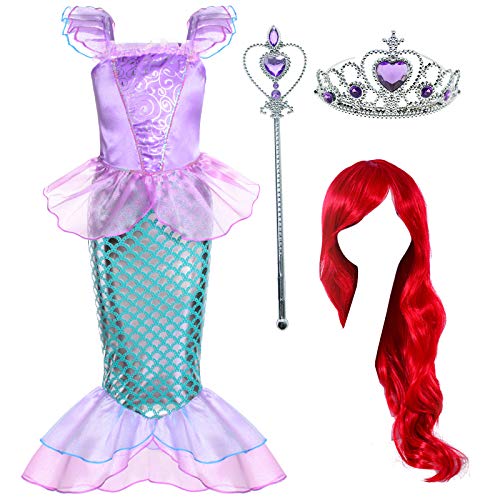 Joy Join Little Girls Princess Mermaid Costume for Girls Dress Up Party with Wig,Crown, Mace Pink 4T 5T