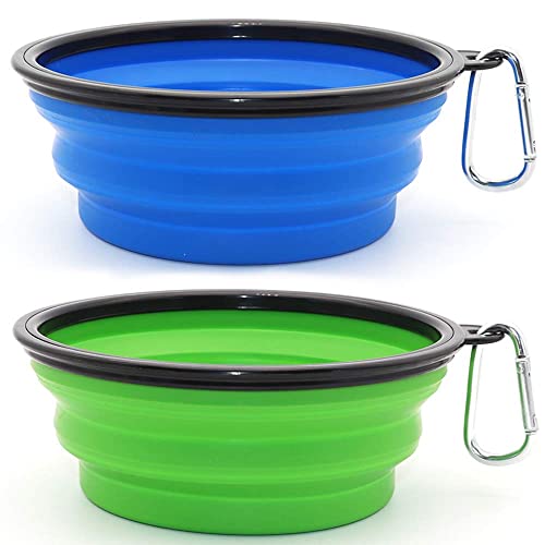 Collapsible Bowls, 2 Pack Water Bowls for Cats Dogs, Portable Pet Feeding Watering Dish for Walking Parking Traveling with 2 Carabiners (Large, Blue+Green)