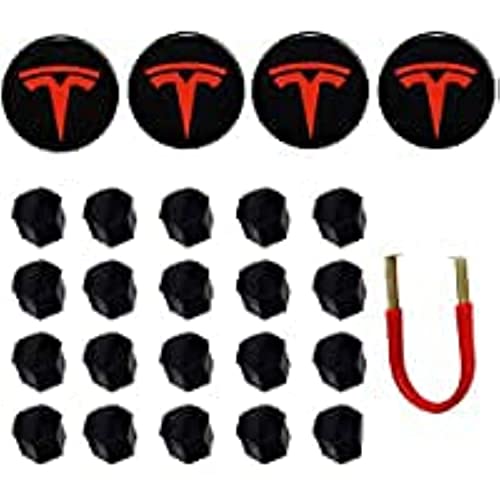 RSZX Tesla Model 3 Y S X Wheel Cap Kit Center Cap Lug Nut Cover (4 Hub Center Cap + 20 Lug Nut Cover) Red Tesla Accessories