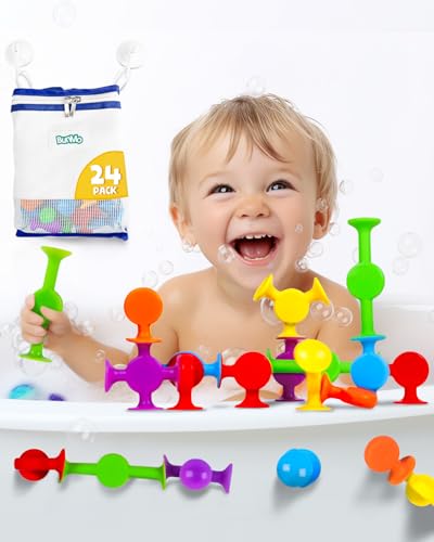 BUNMO Suction Bath Toys 24pcs | Connect, Build, Create | No Mold Bath Toy | Hours of Fun & Creativity | Stimulating & Addictive Sensory Suction Toy | No Hole Bath Toy | Mold Free Bath Toys