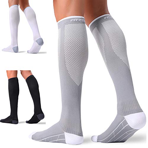 FITRELL 3 Pairs Compression Socks for Women and Men 20-30mmHg- Support Socks for Travel, Running, Nurse, Medical, BLACK+WHITE+GREY S_M