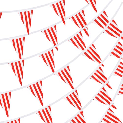 RUBFAC 170ft 120pcs Red and White Striped Pennant Banner, Carnival Circus Decorations Supplies, String Triangle Bunting Flags, Kids Birthday, New Year Eve Celebration Supplies