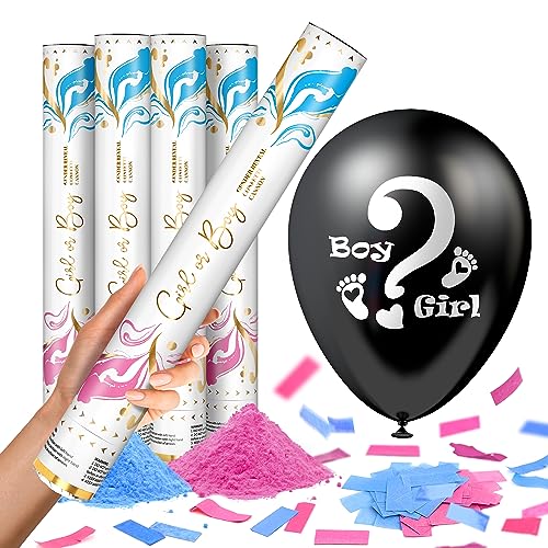 JAPJA Gender Reveal Powder Cannon & Confetti Balloon - 4 X-Large (16") Cannons (2 Pink 2 Blue Smoke Bomb | Poppers) & Boy or Girl Balloon, Party Supplies & Decorations for Baby Gender Reveal Party