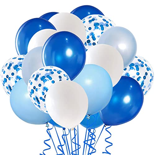 Royal Blue Confetti Latex Balloons, 50pcs 12 inch Light Blue Baby Blue and White Party Balloons for Birthday Wedding Party Decoration