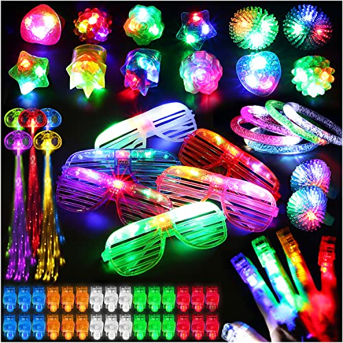 78PCs LED Light Up Toy Party Favors_Supplies Bulk Glow In The Dark For Adult Kids Birthday Halloween With 50 Finger Light, 12 Jelly Ring, 6 Flashing Glasses, 5 Bracelet, 5 Fiber Optic Hair Light